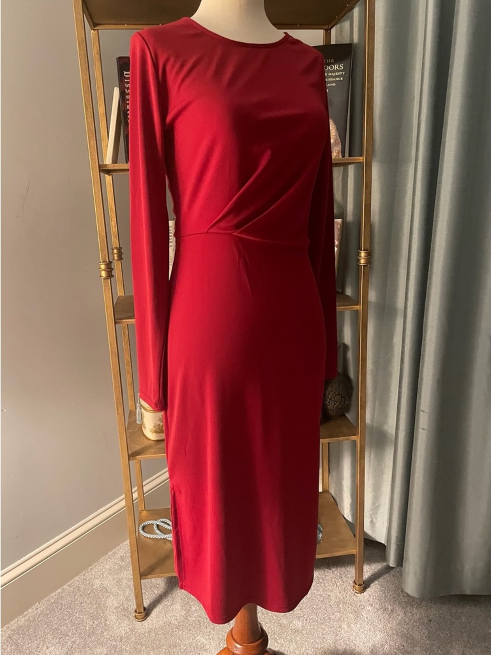 Ann Taylor Red Sheath Dress Long Sleeve Midi XS Petite Hourglass Draped 0 2 XXS